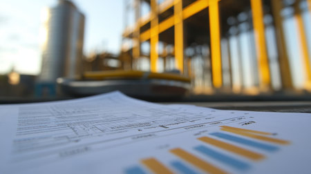 Close-up view of project plans resting on a table, with a construction site framework and machinery in the background, showcasing the intricacies of building and planning processes.の素材