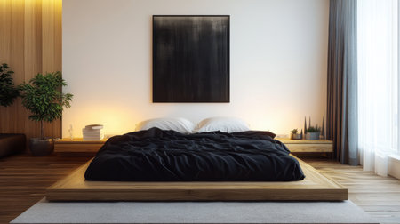 Discover a beautiful modern bedroom featuring a wooden bed frame, cozy black bedding, elegant wall art, and inviting natural elements, ideal for contemporary living.の素材