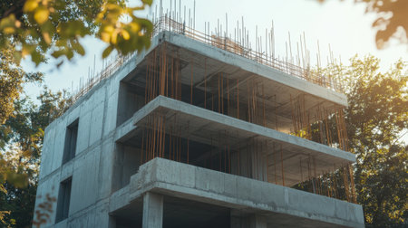 A modern construction site showcasing an unfinished building with exposed concrete and steel reinforcements, surrounded by trees and sunlight, depicting urban development.の素材