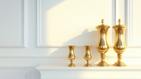 Stunning display of golden vases on a white mantel, beautifully illuminated by soft light, creating an elegant atmosphere for sophisticated interior decor.の素材