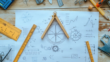 A captivating arrangement showcasing essential engineering tools, including a compass and rulers, set against intricate technical drawings to inspire creativity and innovation in design processes.の素材