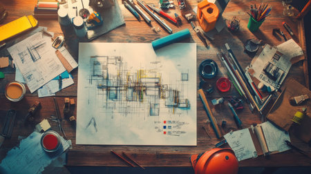 A vibrant creative workspace features architectural drafts, colorful stationery, and various tools scattered on a wooden table, illustrating the artistic blueprint development process.の素材