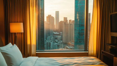 A serene hotel room features soft bedding and illuminated curtains showcasing a stunning sunset city view. Ideal for travelers seeking comfort and relaxation.の素材