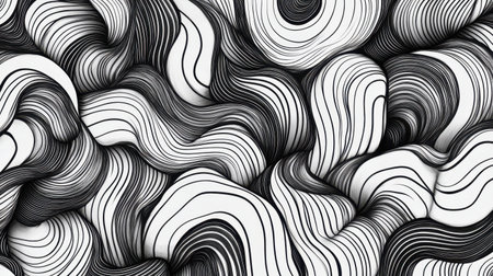 Captivating black and white abstract wave pattern showcasing flowing lines in dynamic movement, ideal for modern artistic backgrounds and creative design inspiration.の素材