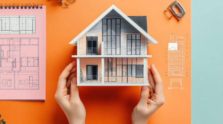 A pair of hands showcase a meticulously crafted architectural model of a house, complemented by design blueprints and essential drafting tools, illustrating the fusion of creativity and engineering.の素材