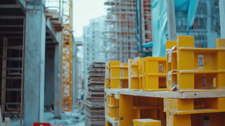 This image captures a busy construction site showcasing stacks of yellow formwork materials amidst ongoing building projects in an urban environment.の素材