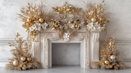 Stunning floral decoration featuring dried flowers and gold ornaments adds a touch of elegance to any mantelpiece, perfect for seasonal celebrations and stylish interior design.の素材