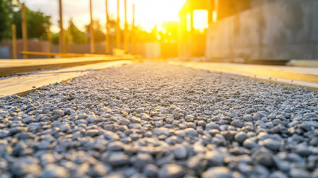 A serene view of a gravel pathway at a construction site, highlighted by the warm glow of a sunset, emphasizing the natural texture and progress of building development.の素材