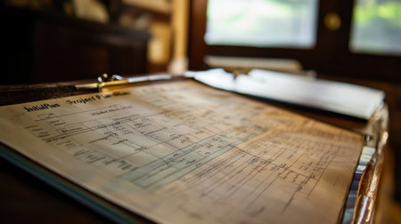 This image captures a close-up of historical project documentation featuring handwritten notes on a wooden desk, illuminated by natural light, creating a serene workspace atmosphere.の素材