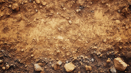 A detailed view of a textured soil surface featuring various sizes of natural stones and rocks, emphasizing earthy tones perfect for landscaping projects and nature-themed designs.の素材
