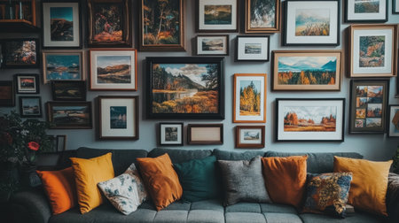 Cozy living room showcasing a stunning gallery wall filled with landscape and nature photography, complemented by a comfortable gray sofa adorned with vibrant pillows.の素材