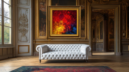 A stunning chesterfield sofa gracefully sits in a richly decorated baroque room, featuring a vibrant abstract painting, creating a perfect blend of elegance and artistry.の素材