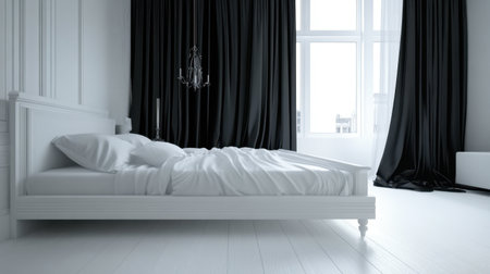 Experience a serene and stylish minimalist bedroom featuring a white bed and elegant black drapes, creating a calm and inviting atmosphere filled with natural light.の素材
