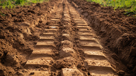 A close-up view of tractor tire tracks in freshly plowed brown soil, showcasing the texture of earth and the essential aspects of agricultural practices in a rural setting.の素材
