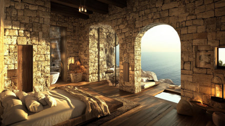 Experience the tranquil ambiance of this stunning coastal retreat, featuring rustic stone architecture and breathtaking ocean views that invite relaxation and rejuvenation.の素材