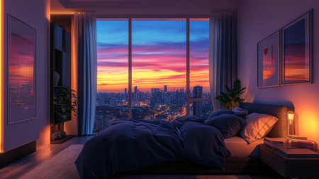 Experience a serene bedroom with a stunning city skyline view at sunset, blending modern decor with a warm atmosphere for ultimate relaxation and comfort.の素材