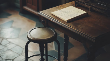 A cozy workspace featuring a wooden table with an open notebook, a vintage stool, and warm natural light illuminating rustic floor tiles, perfect for creative inspiration.の素材