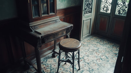 A vintage wooden desk paired with a classic stool in a softly lit room, highlighting intricate patterns on the floor and offering a glimpse into timeless design and nostalgic charm.の素材