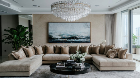 A stunning modern living room showcases an elegant sectional sofa adorned with plush pillows, complemented by a graceful chandelier and a captivating abstract painting.の素材