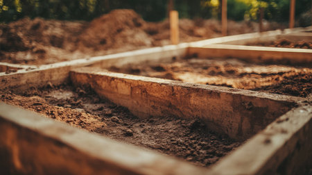 Close-up view of a wooden framework at a construction site, showcasing freshly dug soil as the foundational work begins for a new building project in a natural outdoor setting.の素材
