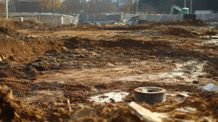 A construction site displays freshly excavated wet dirt and soil layers, with machinery visible in the background, highlighting urban development efforts and ground preparation.の素材