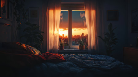 A tranquil bedroom scene at sunset showcases a stunning city view through a window, adorned with soft curtains and lush indoor plants, creating a cozy ambiance.の素材