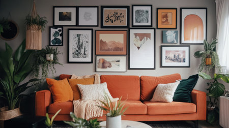 This charming living room features a vibrant orange sofa adorned with decorative pillows, surrounded by an elegant display of framed artwork and lush houseplants, creating a captivating ambiance.の素材