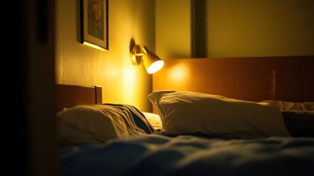 A peaceful bedroom scene featuring soft lighting and cozy bedding, perfect for a tranquil night and inviting relaxation, showcasing a warm and comfortable atmosphere.の素材