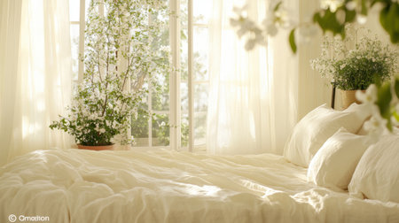 Bright and inviting bedroom filled with natural light, showcasing soft linens and lush indoor plants. A perfect blend of comfort and tranquility for a refreshing living space.の素材