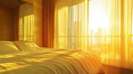 A tranquil bedroom bathed in morning light, featuring soft bedding and sheer curtains that create an inviting atmosphere with a stunning city view at sunrise.の素材