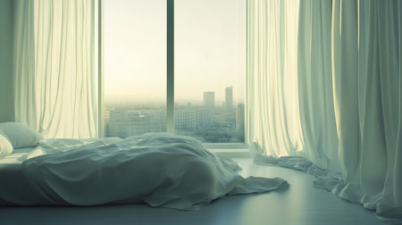 A tranquil bedroom featuring soft white bedding and expansive windows showcasing a serene city view at sunrise, creating an ambiance of comfort and relaxation.の素材