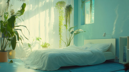 A tranquil bedroom featuring soft linens, vibrant greenery, and natural light. Perfect for promoting relaxation, wellness, and stylish interior design inspiration.の素材