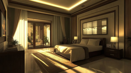 This spacious bedroom features modern decor, soft lighting, and large windows, creating a warm and inviting atmosphere perfect for relaxation and comfort.の素材