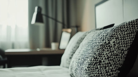 A serene bedroom scene showcasing geometric patterned pillows, soft lighting, and a minimalist desk, perfect for inspiring relaxation and comfort in modern living spaces.の素材