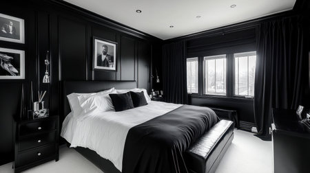 Stylish black bedroom interior highlighting a sleek bed, elegant decor, and large windows, creating a cozy and inviting atmosphere with a touch of modern luxury.の素材