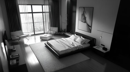 A chic and tranquil bedroom scene featuring modern decor and a stunning city view through large windows, ideal for showcasing contemporary lifestyle aesthetics.の素材