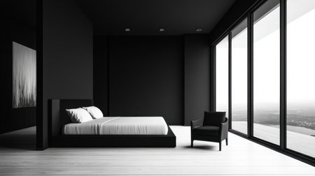 A stylish minimalist bedroom featuring a black color scheme, spacious floor-to-ceiling windows, and elegant furnishings, creating a serene and modern living space.の素材