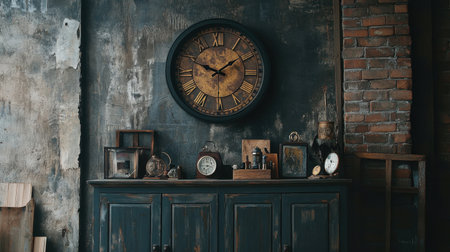 Captivating vintage clock display on a rustic cabinet, surrounded by antique collectibles. This scene blends warmth, history, and industrial charm in a weathered interior.の素材