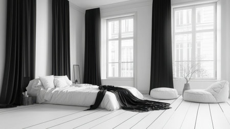 A serene and elegant minimalist bedroom featuring black curtains, white walls, and cozy furnishings, creating a bright and inviting atmosphere for relaxation.の素材