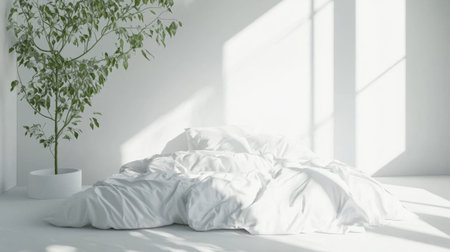 A tranquil bedroom scene featuring a mound of soft white bedding, bathed in natural light, complemented by a vibrant green plant for a refreshing ambiance.の素材