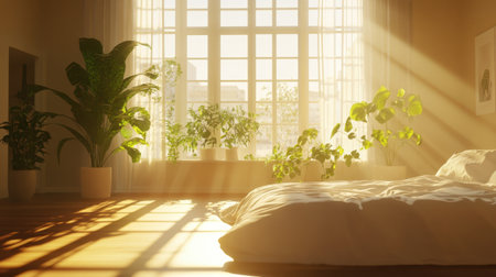 Sunlight filters through large windows into a cozy bedroom filled with lush indoor plants, creating a warm and inviting environment for relaxation and peace.の素材