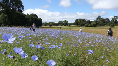 A serene summer scene in a meadow filled with vibrant blue wildflowers, where people stroll and enjoy the beauty of nature under a clear sky. Ideal for nature lovers!の素材