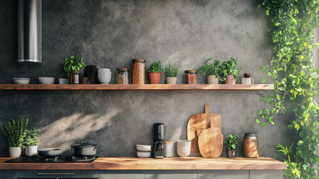 A chic and serene kitchen space showcasing wooden shelves adorned with potted herbs and stylish cookware, creating a perfect blend of nature and modern design.の素材