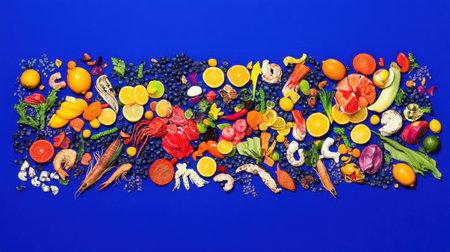 Bright and colorful display of assorted fruits and vegetables arranged on a striking blue background, ideal for promoting health and wellness in culinary contexts.の素材