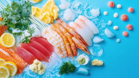 A vibrant display of fresh sushi ingredients arranged on ice, highlighting shrimp, tuna, salmon, and garnishes like lemon and wasabi, ideal for food photography.の素材
