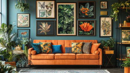 A bright and inviting living room featuring an orange sofa with colorful cushions, elegantly paired with vibrant nature-inspired wall art and lush indoor plants for a stylish atmosphere.の素材