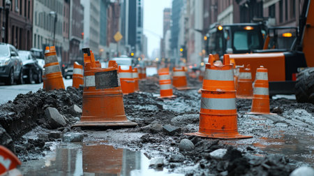 A busy urban construction site displaying orange traffic cones amid wet pavement and heavy machinery, illustrating the dynamic nature of city infrastructure development.の素材