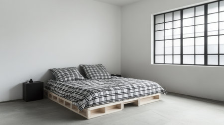 This serene bedroom showcases a modern decor style featuring a pallet bed with a checkered blanket, complemented by a large window that fills the space with natural light.の素材