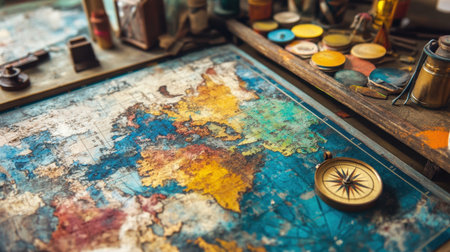 An intricate vintage world map displayed on a wooden table, accompanied by a compass and artistic tools, inviting travelers to explore new destinations and ignite creativity.の素材