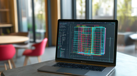 A sleek laptop rests on a table, showcasing vibrant architectural designs on the screen. The contemporary workspace features modern furniture and ample natural light, creating an inspiring environment.の素材